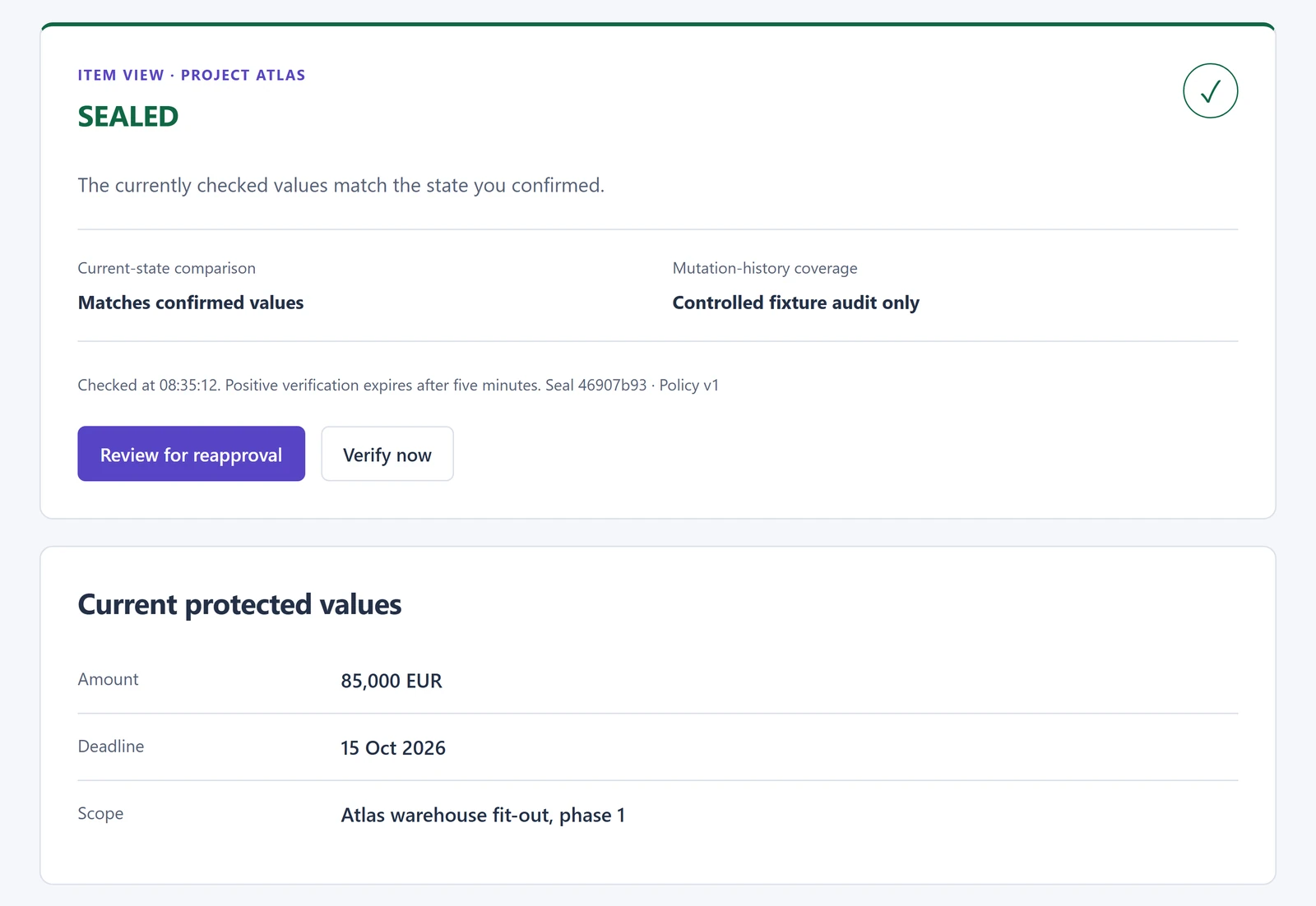 Item view showing SEALED, with the current protected values matching the confirmed state