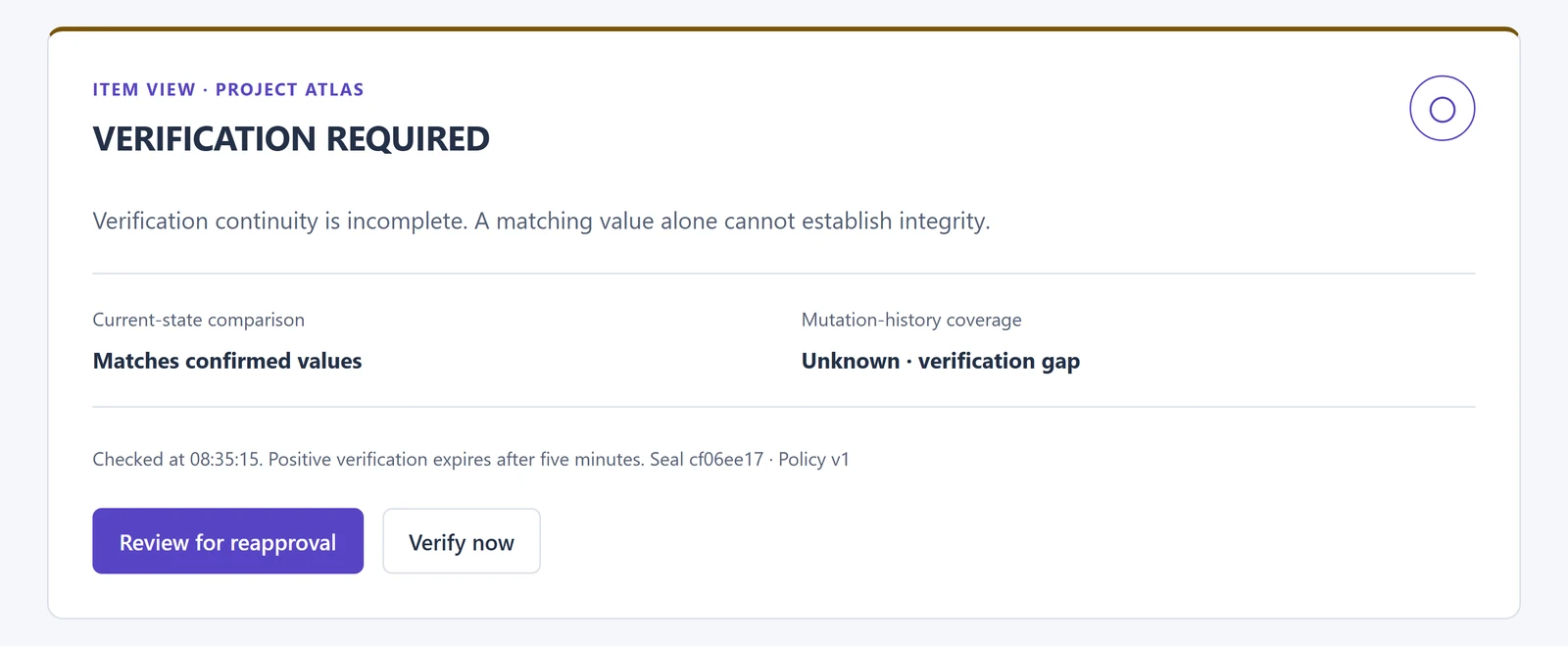 Item view showing VERIFICATION REQUIRED because verification continuity is incomplete
